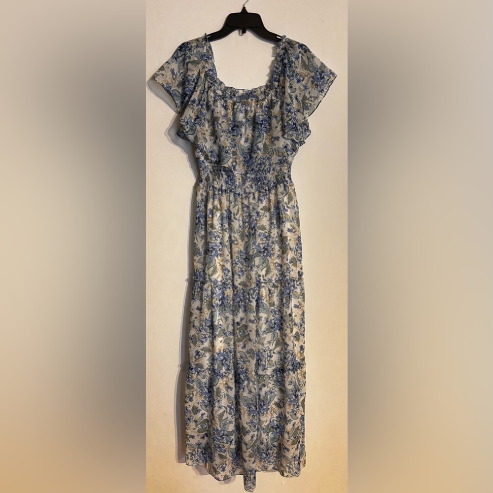 Chris McLaughlin boho blue and yellow floral maxi wedding guest dress size 14